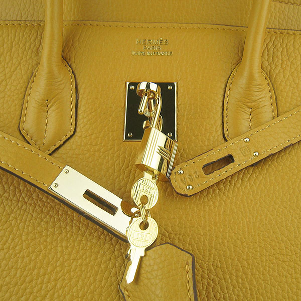 High Quality Fake Hermes 35CM Embossed Veins Leather Bag Yellow 6089